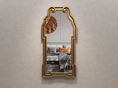 Arched Gold Frame Mirror Hanging on Gray Wall Reflecting Modern Room Interior 3d model