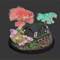 Traditional Architecture With Pink Cherry Blossom Trees Blue Roof Small Bridge Stream And Stone Lantern
