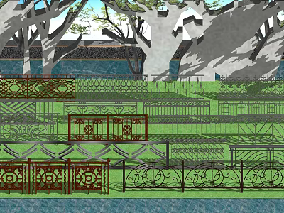 Ornate Iron Fences With Decorative Patterns In Garden Park With Trees And Green Lawn 3d model