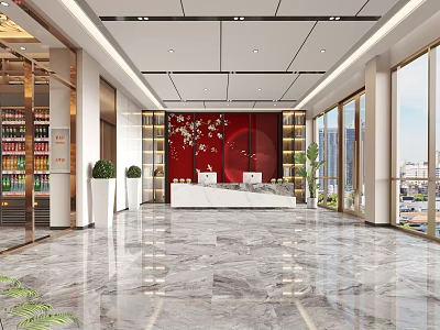 Elegant Hotel Lobby Interior with Modern Reception Desk Red Accent Wall and Marble Floor 3d model