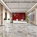 Elegant Hotel Lobby Interior with Modern Reception Desk Red Accent Wall and Marble Floor