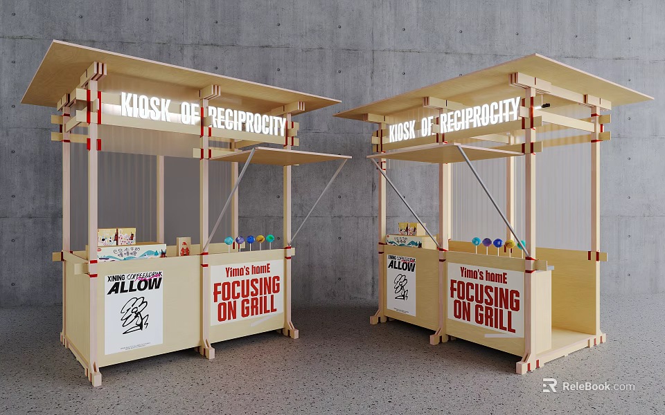 Wooden Outdoor Stalls With Grill Focus Signs And Reciprocity Branding 3d model 