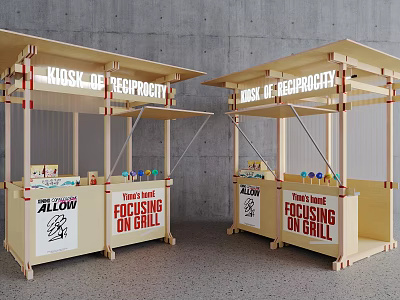 Wooden Outdoor Stalls With Grill Focus Signs And Reciprocity Branding 3d model