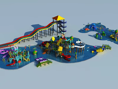 Colorful Water Playground With Slides And Various Kids Play Equipment 3d model