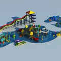 Colorful Water Playground With Slides And Various Kids Play Equipment