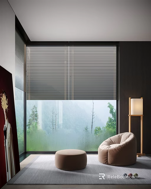 Comfortable Bean Bag Chair In Modern Interior With Window Blinds Floor Lamp And Green Scenery 3d model 