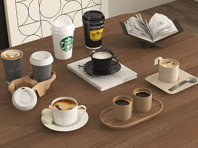 Various Coffee Drinks In Different Cups With Starbucks Cup Coffee Canister Open Book And Trays 3d model