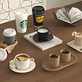 Various Coffee Drinks In Different Cups With Starbucks Cup Coffee Canister Open Book And Trays