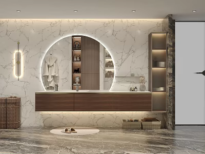 Modern Luxury Bathroom With Circular Backlit Mirror Marble Wall And Floating Wooden Vanity Cabinets 3d model
