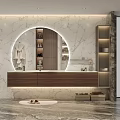 Modern Luxury Bathroom With Circular Backlit Mirror Marble Wall And Floating Wooden Vanity Cabinets