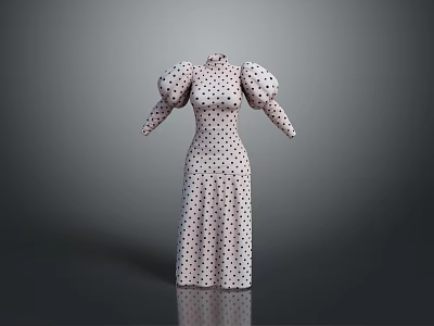 Fashionable Polka Dot Long Dress With High Neck And Puffed Sleeves 3d model