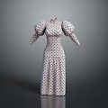 Fashionable Polka Dot Long Dress With High Neck And Puffed Sleeves