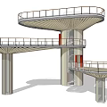 Multi Level Elevated Pedestrian Walkway With Wooden Deck Metal Railings And Supporting Pillars