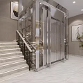Modern Elegant Elevator Hallway With Stainless Steel Elevator Staircase Marble Flooring And Decorative Paintings 3d model