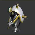 Game Movie Character Robot With Silver Armor Green Yellow Accents Holding Gun And Shoulder Cannons