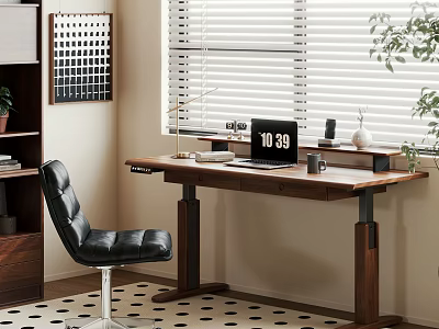 Modern Wooden Desk With Laptop Lamp Cup And Black Leather Chair By Window 3d model