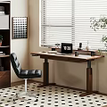 Modern Wooden Desk With Laptop Lamp Cup And Black Leather Chair By Window