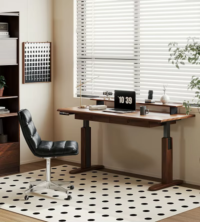 Modern Wooden Desk With Laptop Lamp Cup And Black Leather Chair By Window 3d model