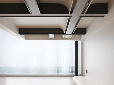Modern Interior Space With Exposed Ceiling Structure And Pleated Window Blinds 3d model