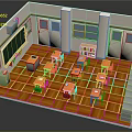 Classroom Interior With Wooden Floor Desks Teacher's Desk Blackboard And Bookshelf