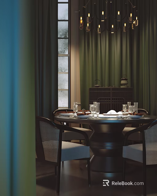 Chinese Style Private Dining Room With Round Table Woven Chairs Wooden Cabinet And Green Curtains 3d model 