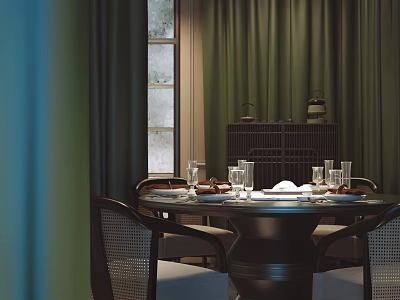 Chinese Style Private Dining Room With Round Table Woven Chairs Wooden Cabinet And Green Curtains 3d model