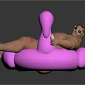 Man relaxing on pink flamingo inflatable float wearing sunglasses holding ice cream cone