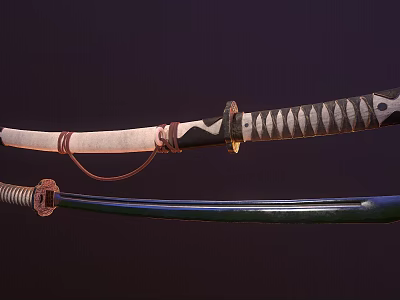 Traditional Japanese Samurai Sword Weapon with Sharp Blade Ornate Handle and Green Scabbard 3d model