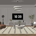 Beige Living Room Interior Design With Decorative Ceiling Chandelier TV Plant Sofa And Rug