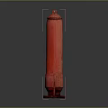Red Fire Hydrant With Metal Construction And Chain Attachment On Gray Background