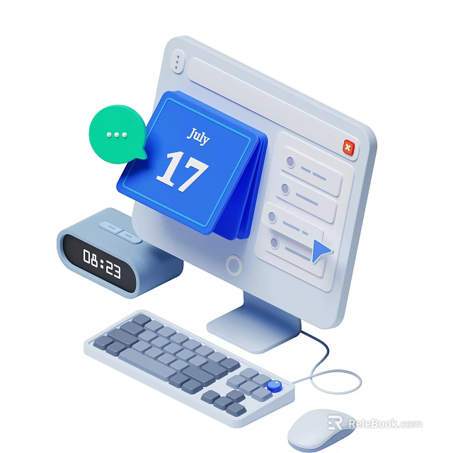 Desktop Computer Monitor With July 17 Calendar Display And 0823 Digital Clock 3d model 