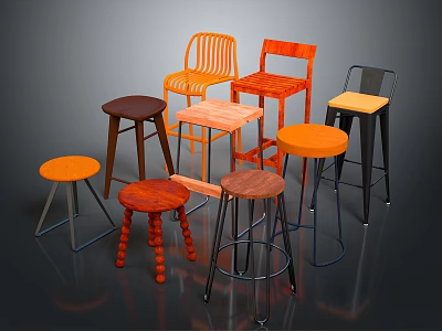 Various Designed Stools With Different Colors Wooden And Metal Legs Styles 3d model