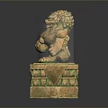 Traditional Stone Lion Statue With Intricate Carvings On Green Patina Pedestal Base