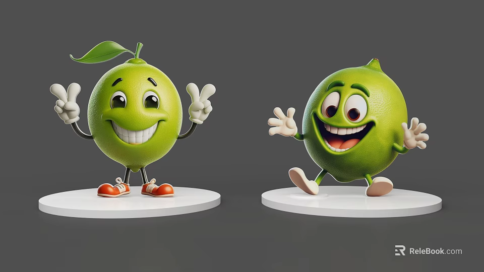 Cartoon Lime Anthropomorphic Characters With Smiling Faces Standing On White Bases 3d model