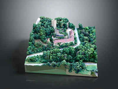Modern Detailed Landscape Model with Lush Woodland Buildings and Winding Paths 3d model
