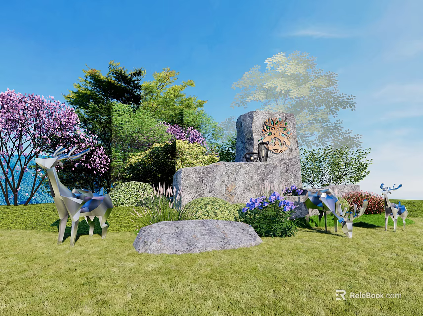 Natural Stone and Wood Outdoor Landscape With Silver Deer Sculptures Purple Flowers and Green Trees 3d model 