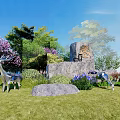 Natural Stone and Wood Outdoor Landscape With Silver Deer Sculptures Purple Flowers and Green Trees