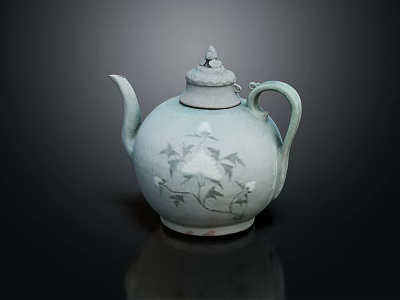 Celadon Teapot with Branch and Flower Pattern Elegant Traditional Design with Lid and Curved Handle 3d model