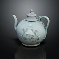 Celadon Teapot with Branch and Flower Pattern Elegant Traditional Design with Lid and Curved Handle