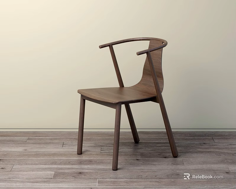 Modern Dark Wood Dining Chair With Curved Backrest Armrests Sleek Lines Light Wall Wooden Floor 3d model 
