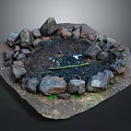 Natural Stone Fire Pit Design With Wood Ash And Surrounding Rocks 3d model