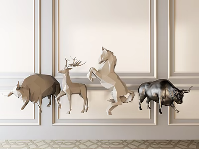 Wall Mounted Decorative Ornament Set with Bull Deer and Horse Animal Figurines 3d model