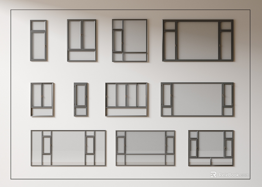 Nine Different Styles of Casement Windows Designs Arranged on White Background 3d model 