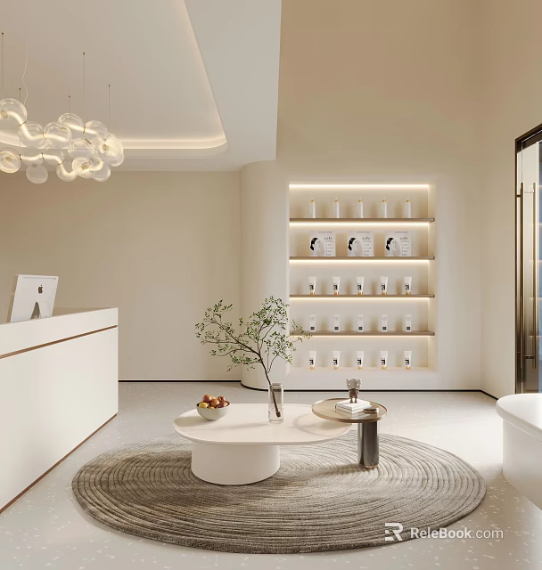 Elegant Modern Beauty Hair Salon Interior With Stylish Chandeliers Reception Desk Product Shelves And Green Plants 3d model 