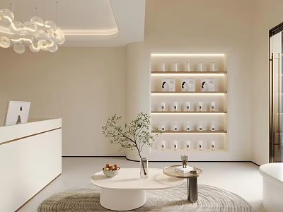 Elegant Modern Beauty Hair Salon Interior With Stylish Chandeliers Reception Desk Product Shelves And Green Plants 3d model