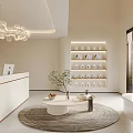 Elegant Modern Beauty Hair Salon Interior With Stylish Chandeliers Reception Desk Product Shelves And Green Plants