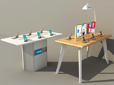 Modern Display Shelves With Mobile Phones And Display Boards In White And Wooden Design 3d model