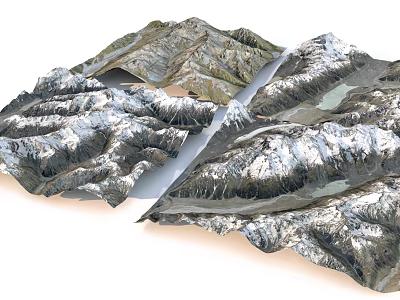 Detailed 3D Mountain Terrain Model With Snow Covered Peaks And Rocky Ridges 3d model