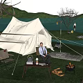 Cozy Campsite with White Canvas Tent Campfire String Lights Lake and Grass Area