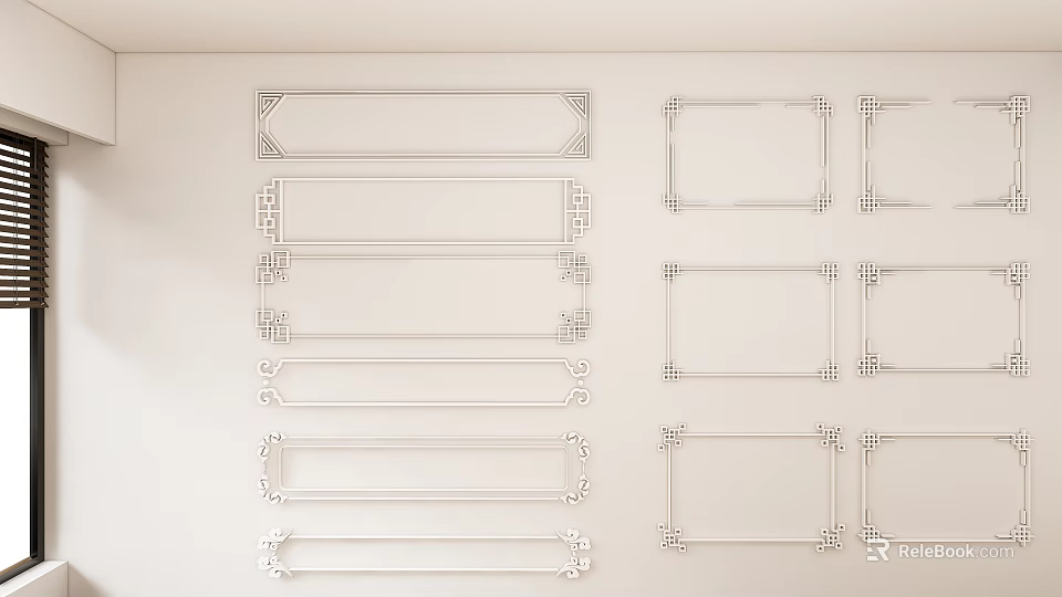 Artistic Interior Wall Decor With Decorative Lines And Multiple Ornate Frames 3d model